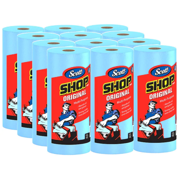 Scott Shop Original Paper Wipers, Blue, 55 sheets Roll, 12 Rolls Carton (75147)
